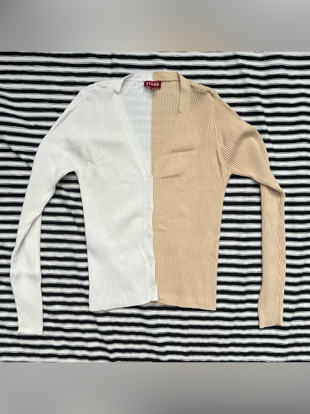 Staud Two-Tone White and Beige Ribbed Button-Front  top
